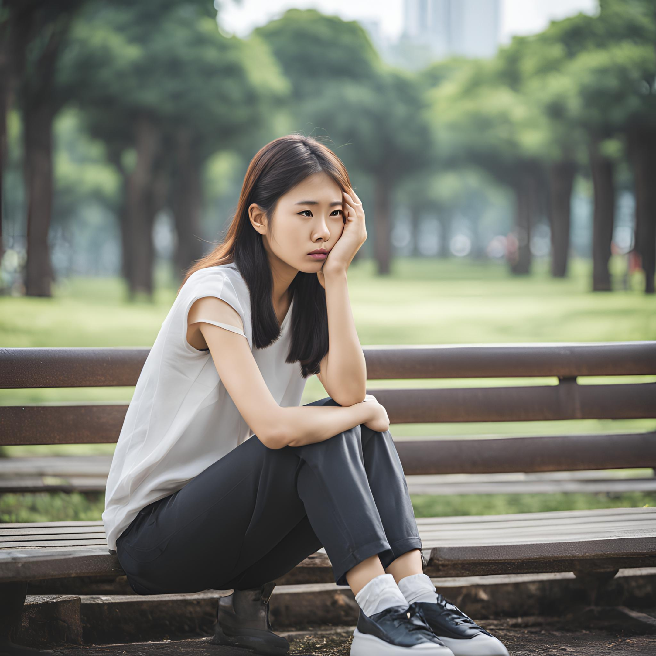 A sad girl sitting and thinking on stairs in a park.